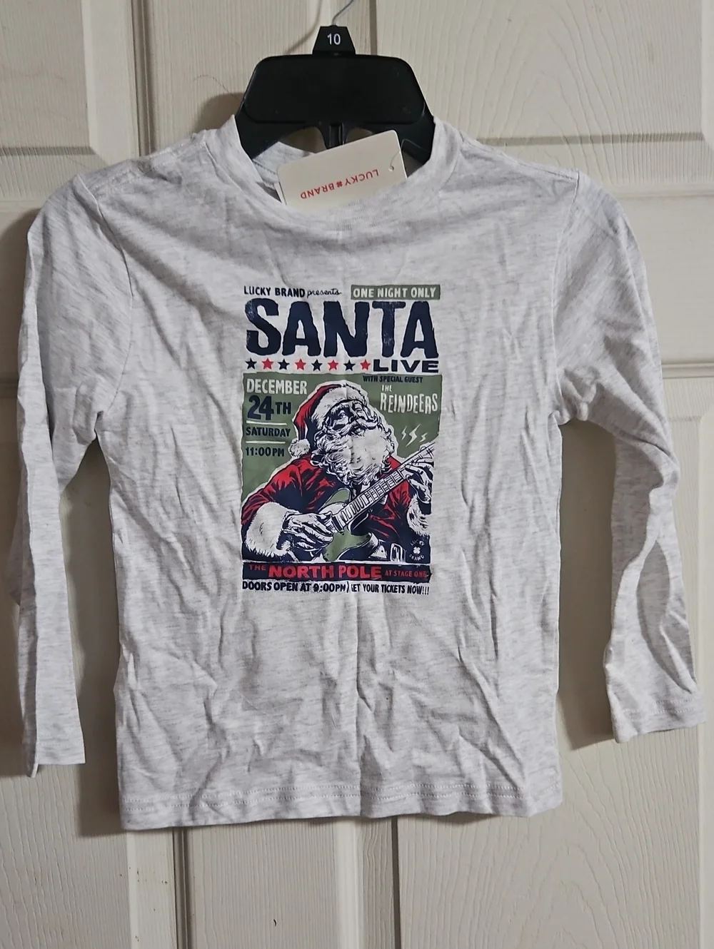 LUCKY BRAND SANTA LONG SLEEVE TEE: GRAY: NEW WITH TAGS: UNISEX: SIZE 4